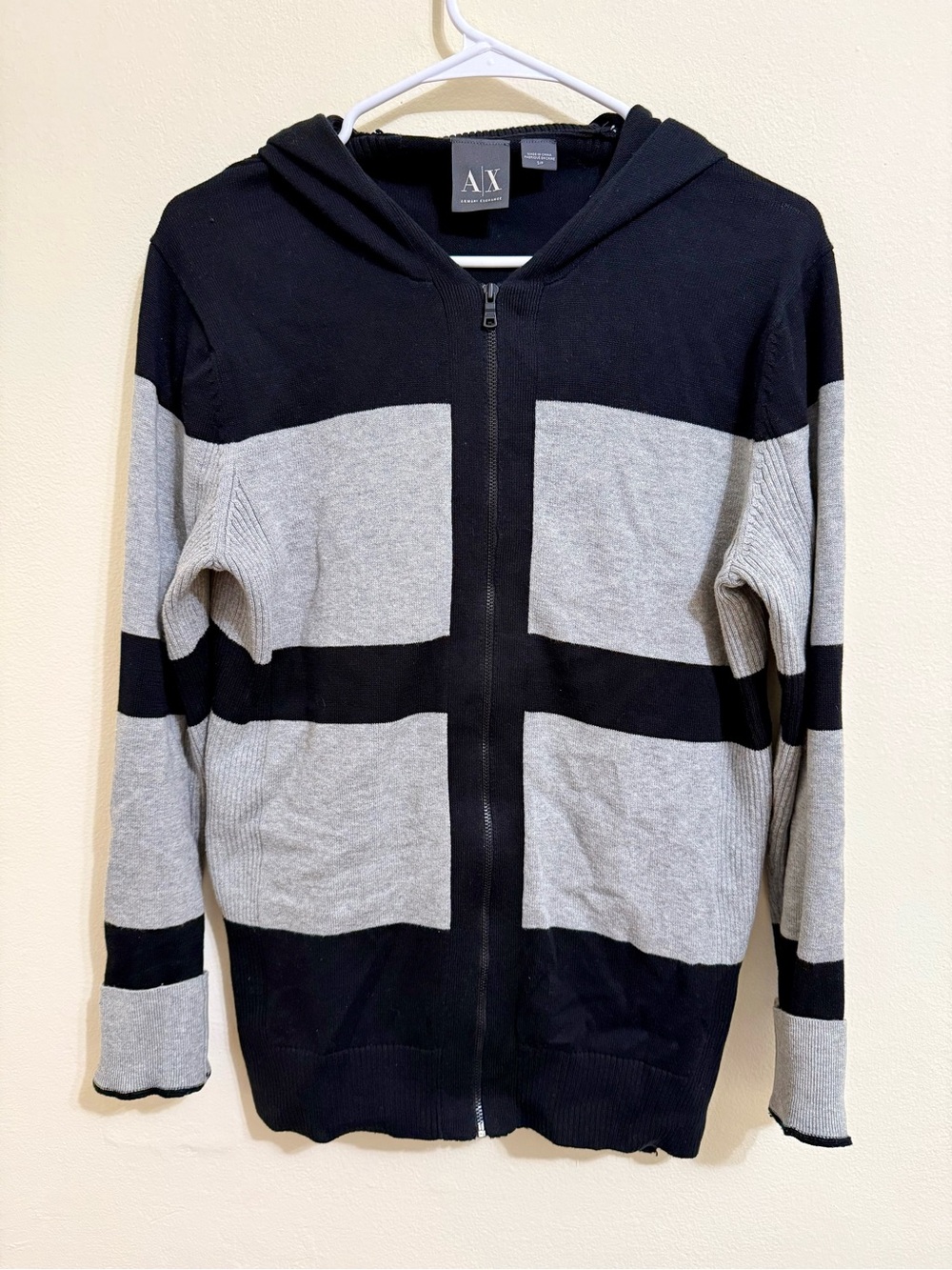 Armani Exchange Men’s Black and Gray Colorblock Hooded Zip Sweater
